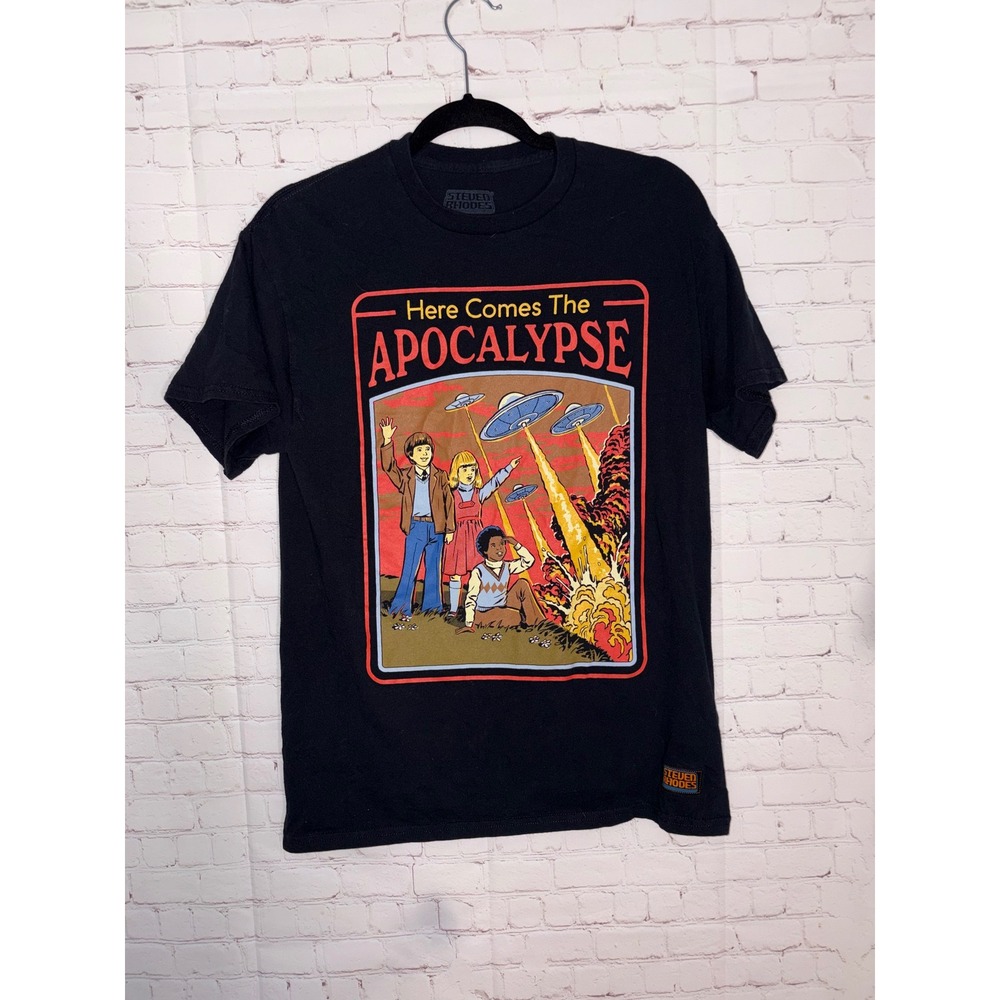 Steven Rhodes Here Comes The Apocalypse Black Graphic T-Shirt Mens Medium UFO